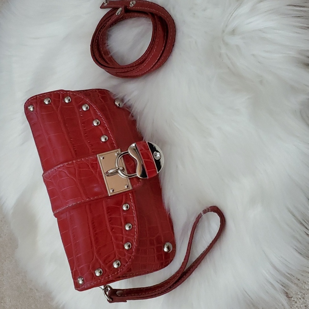 Kathy Van Zeeland Red Crossbody Studded Purse Rhinestone Logo Heart